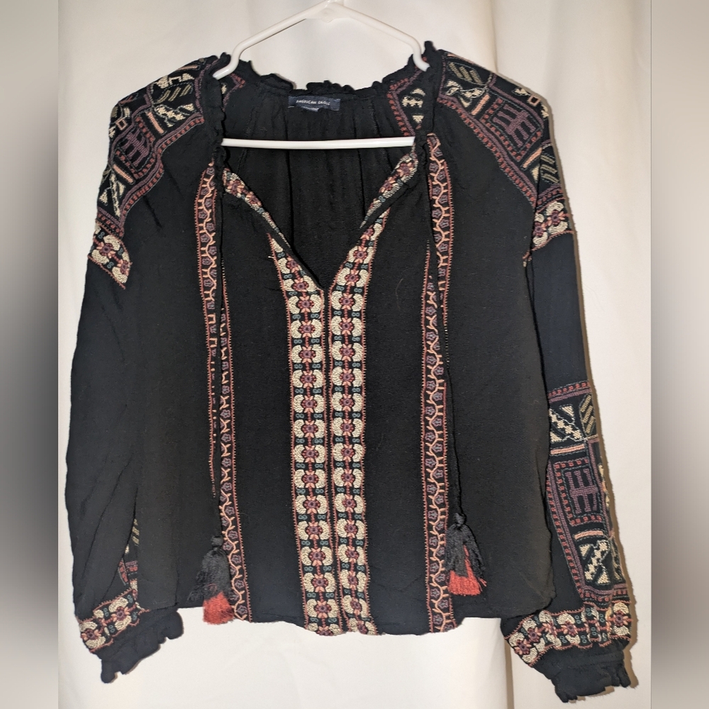 American Eagle Outfitters Black Blouse with Red and Cream Embroidery
